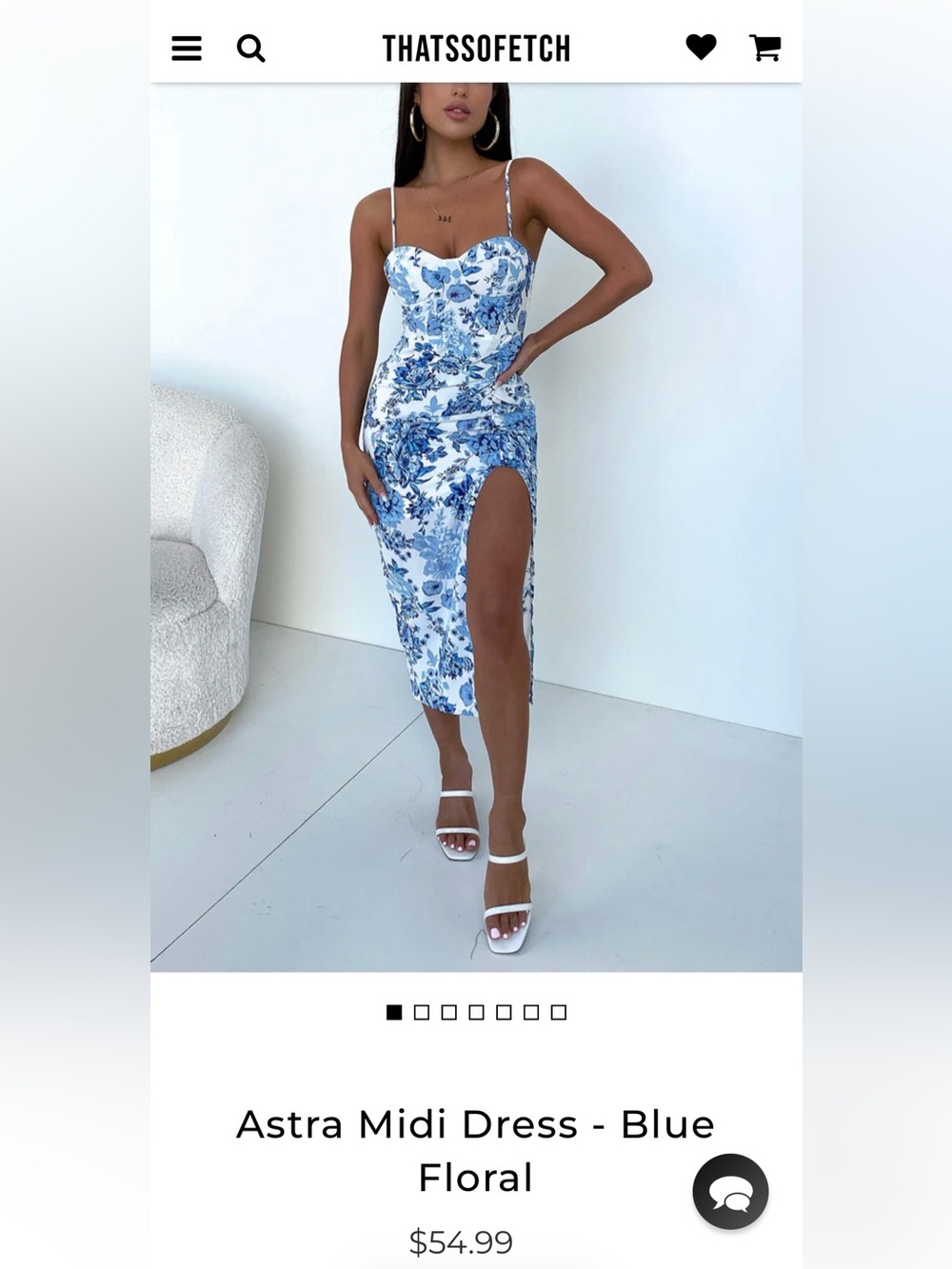 Blue Floral Midi Dress with High Side Slit and Fitted Waist